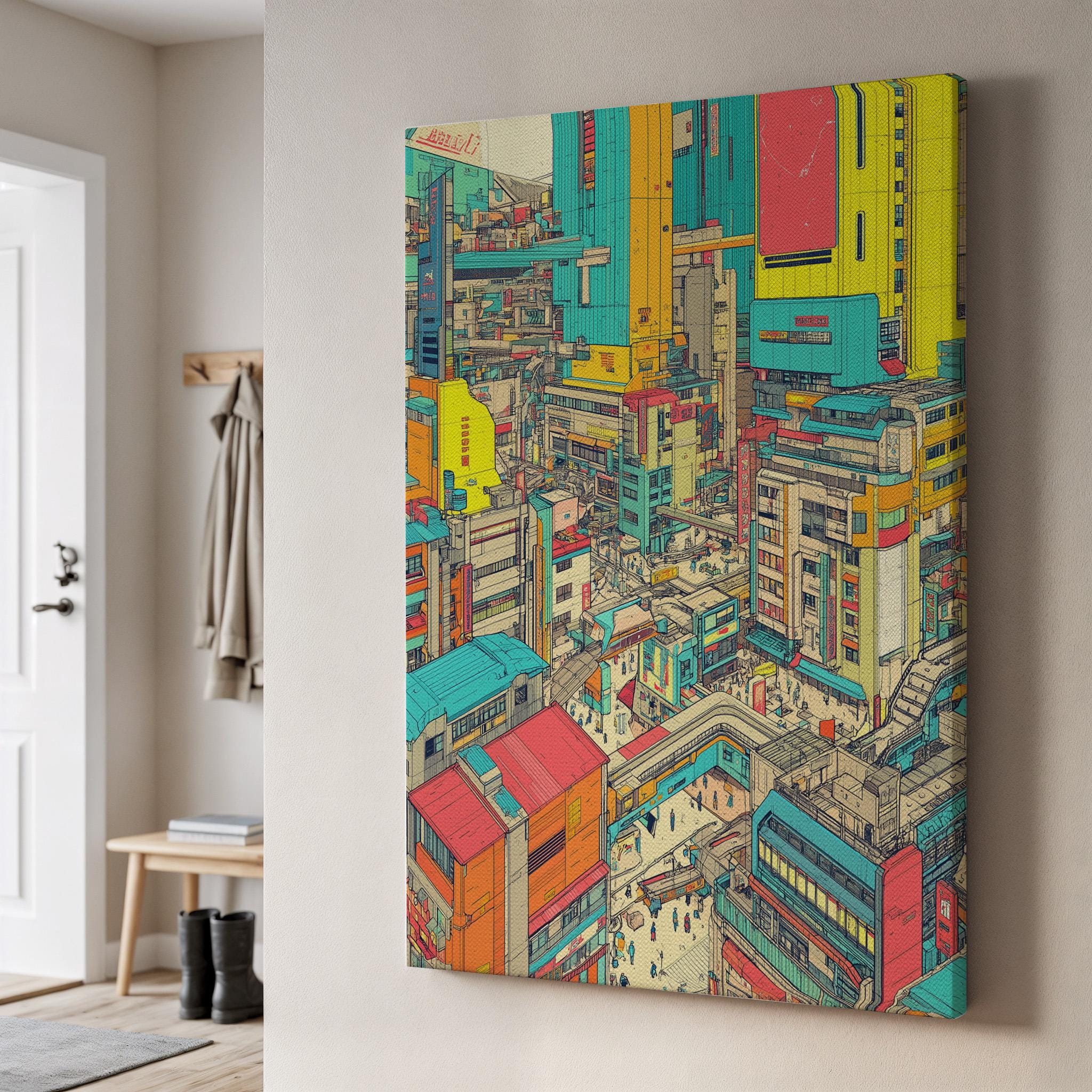 Colorful Urban City Canvas Wall Art, Vibrant Isometric Downtown