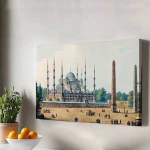 May include: A vintage illustration of the Sultan Ahmed Mosque, also known as the Blue Mosque, in Istanbul, Turkey. The mosque is a large, domed structure with six minarets. The illustration is in a watercolor style and shows the mosque in a bright, sunny day.
