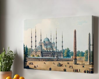 Könnte beinhalten: Eine Vintage-Illustration der Sultan-Ahmed-Moschee, auch bekannt als die Blaue Moschee, in Istanbul, Türkei. Die Moschee ist ein großes, kuppelförmiges Bauwerk mit sechs Minaretten. Die Illustration ist im Aquarellstil gehalten und zeigt die Moschee an einem sonnigen Tag.