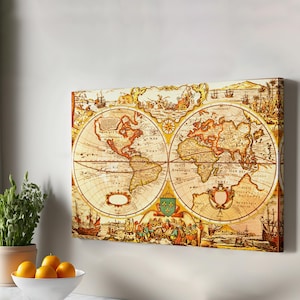 Vintage Retro World Map Painting, Framed Canvas Wall Art,  Large Wall Hanging,  Modern Canvas Wall Decor,  Classic Canvas Art