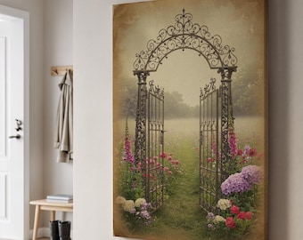 May include: A canvas print showing an open wrought iron gate leading into a garden. The gate is surrounded by colourful flowers, including pink foxgloves and red roses. The background features a misty meadow and trees, creating a serene, vintage aesthetic.