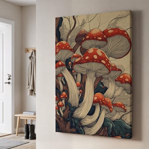 Roter Pilzwald Leinwand Wandkunst, Vintage botanische Pilze Druck, wunderliche Cottagecore Walddekoration, gerahmtes Fantasy Natur Geschenk