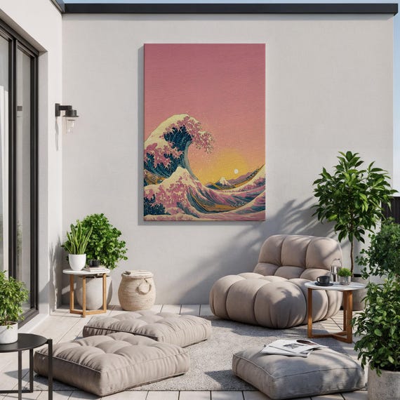 Pastel Wave Canvas Wall Art, Japanese Ocean Sunset Print, Mount