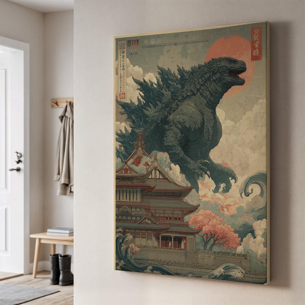 Godzilla Vintage Canvas Art, Japanese Monster Illustration with Pagoda and Clouds, Retro Style Wall Decor, Collectible Godzilla Artwork