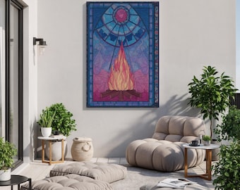 Stained Glass Fire Canvas Art, Mystical Flame Print, Boho Gothic Decor