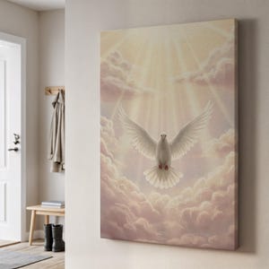 Holy Spirit Dove Canvas Wall Art, Light Filled Christian Painting, Peaceful Spiritual Decor, Framed Gift of Faith for Home Inspiration