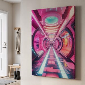 May include: A canvas print showcasing a futuristic tunnel design in shades of pink and purple. The artwork presents a long corridor with glowing blue and white lights, evoking a sense of depth and a sci-fi aesthetic. The tunnel's design incorporates circular elements and a vibrant colour palette.