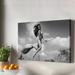 Naked Woman Flying With A Broom Canvas Painting, Nü Modern Wall Decor, Housewarming Gifts, Framed Canvas Wall Art, Nü Canvas Wall Art