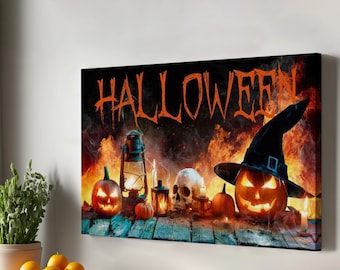 Tableau Décoratif Sur Toile Avec Effet Verre Acrylique - Thème Halloween Abstrait (Citrouille, Château) - Grand Format