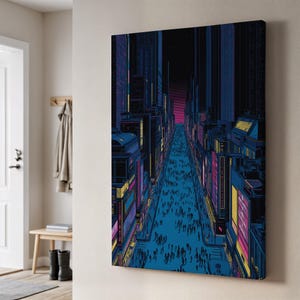 Cyberpunk Street Wall Art, Neon Night Cityscape with Crowd, Futuristic Urban Wall Art, Framed or Unframed City Print for Modern Living Rooms
