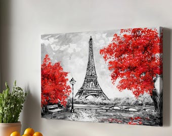 May include: A black and white painting of the Eiffel Tower in Paris, France. The tower is surrounded by red trees and a bridge. The painting has a vintage feel.