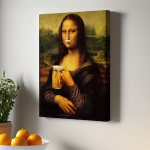 Mona Lisa Drinking Beer Canvas Painting, Unusual Mona Lisa Canvas Painting, Surreal Canvas Print, Large Wall Art, Housewarming Gift