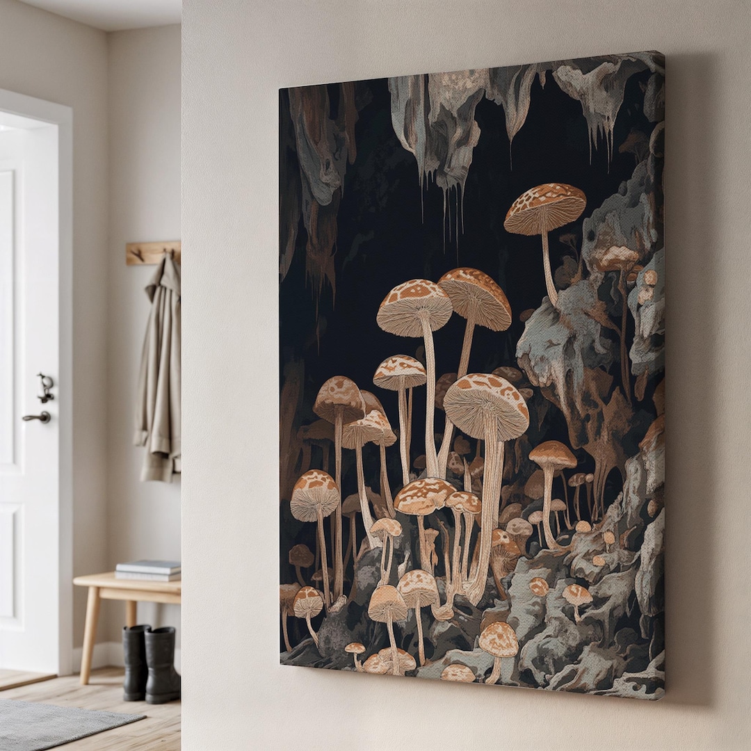 Dark Cave Mushroom Canvas Wall Art, Moody Fungi Forest Print, Gothic ...