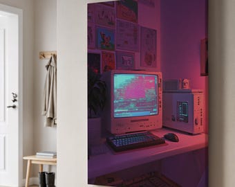 Vaporwave Computer Canvas Wall Art, Glitchy CRT Setup with Neon Pink Glow, Retro Digital Aesthetic, Framed Art for Cybercore Tech Rooms