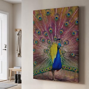Colorful Peacock Canvas Art, Vibrant Feather Design with Blue and Yellow Tones, Exotic Nature Wall Decor, Bold Bird Artwork for Home