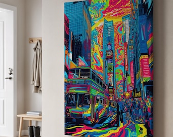 Neon Times Square Canvas Art, Psychedelic New York Cityscape