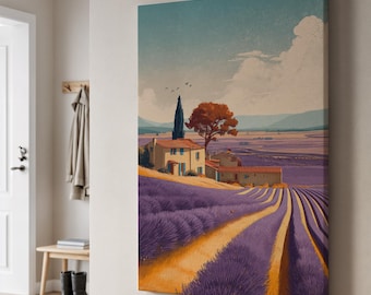 Lienzo de campo de lavanda, paisaje rural francés con casa rústica, morado pastel y amarillo, decoración de pared de estilo rústico, regalo único