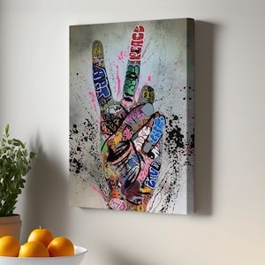 Banksy Hand Gesture Canvas Print, Graffiti Victory Sign Street Art Print, Framed Canvas Wall Art, Large Wall Art, Housewarming Gifts