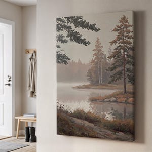 Autumn Lake Canvas Wall Art, Misty Pine Forest Painting with Rustic Shore, Calm Nature Decor, Framed Gift for Cozy Country Inspired Homes