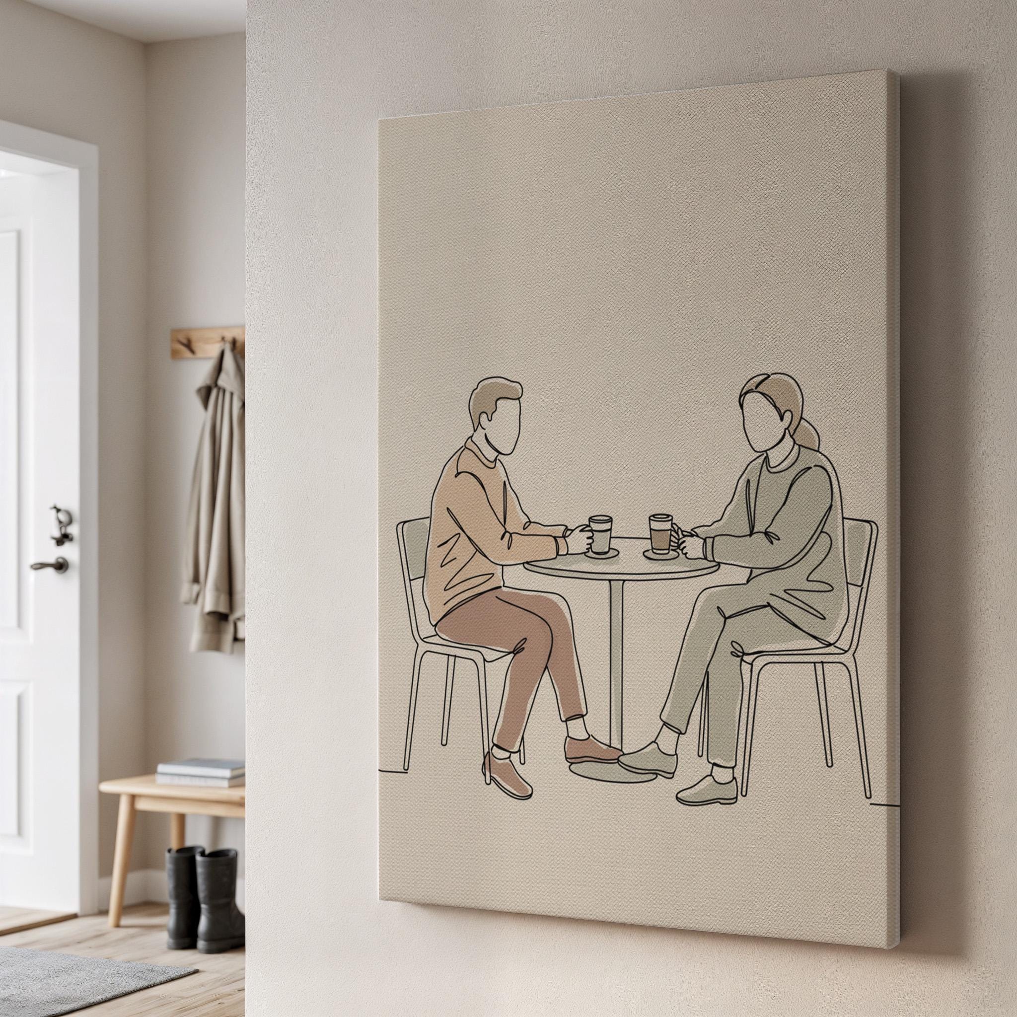 Minimal Line Art Couple Coffee Canvas Print, Modern Cafe Scene