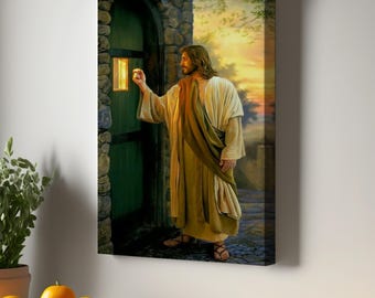 May include: A painting of Jesus Christ standing in front of a closed wooden door. He is reaching out with his right hand towards the door, and the light from the setting sun shines on his face and body. The background is a stone wall and a field.
