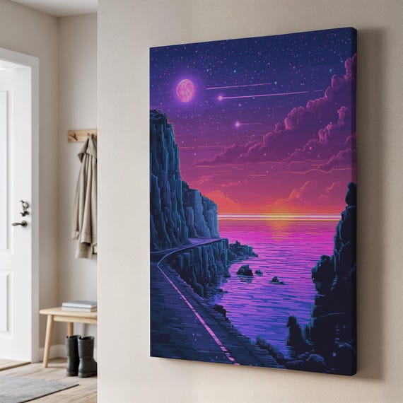 Neon Ocean Cliff Canvas Art, Synthwave Sci-fi Landscape Print - Etsy