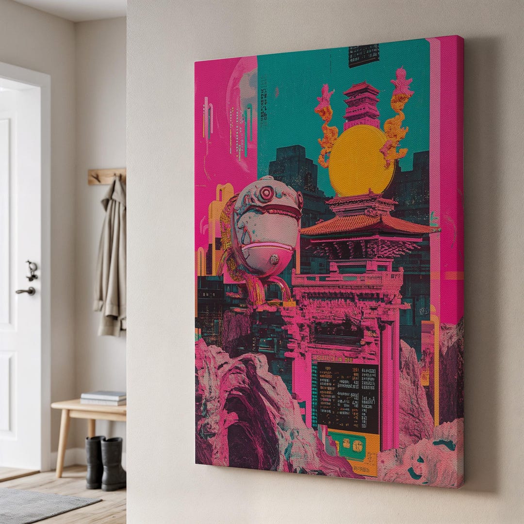 Cyber Tokyo Canvas Wall Art, Neon Japanese Temple With Robot and Cyber Tokyo Canvas Wall Art, Neon Japanese Temple With Robot and