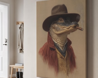 Cowboy Alligator Canvas Art, Humorous Western Reptile Portrait