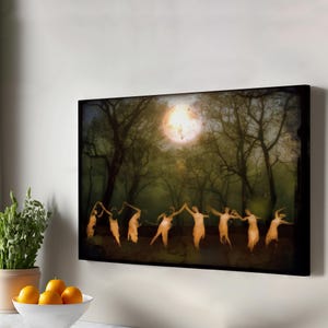 May include: A digital painting depicting a group of figures dancing in a circle within a forest. The figures are illuminated with a warm glow, and the moon is visible in the sky above.