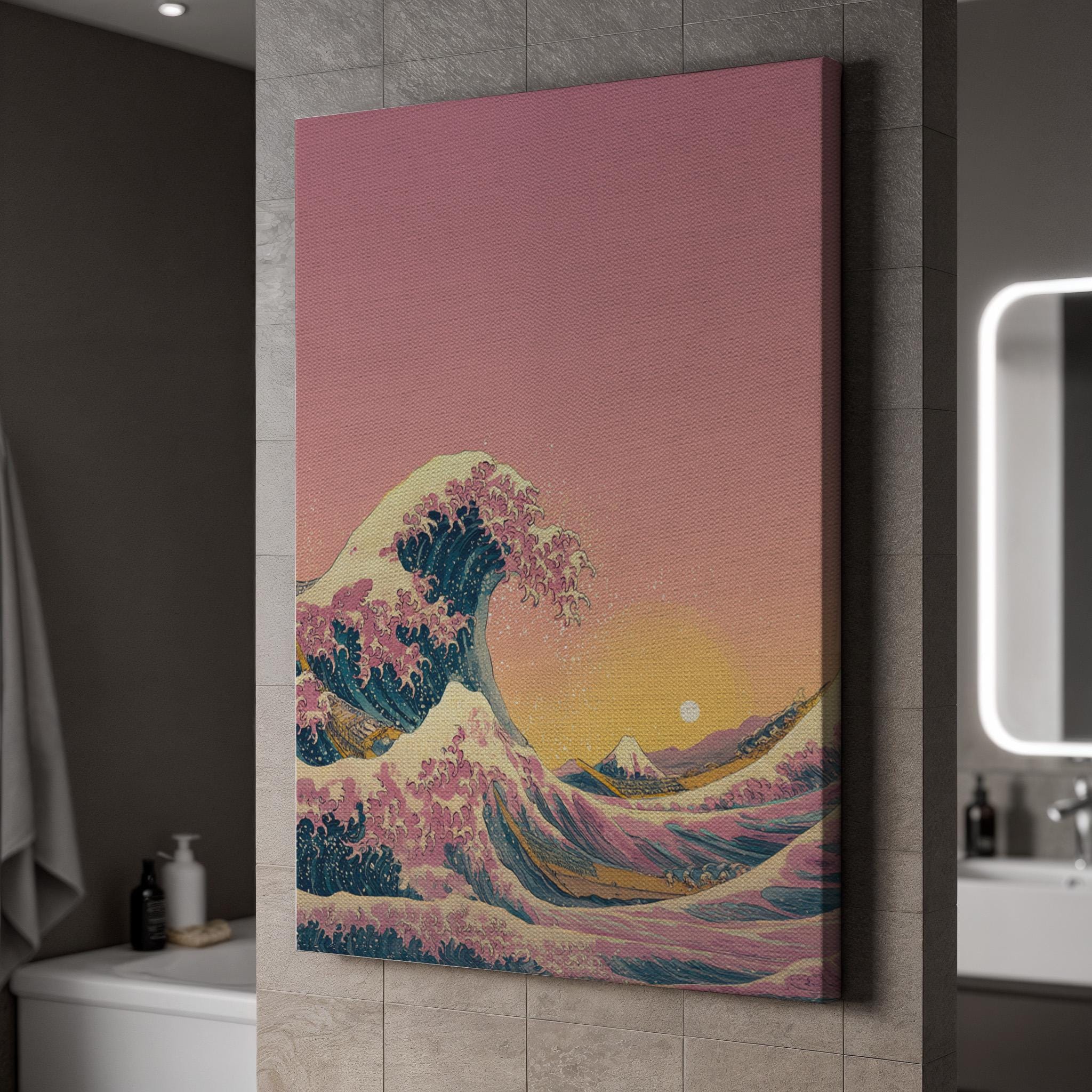 Pastel Wave Canvas Wall Art, Japanese Ocean Sunset Print, Mount