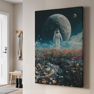 Astronaut Flower Field Canvas Wall Art, Cosmic Surreal Landscape with Moon and Wildflowers, Dreamy Sci-Fi Print, Framed Art for Space Lovers