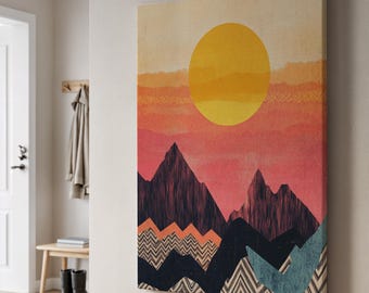 Retro Sunset Mountain Canvas Print, Boho Geometric Landscape Wall Art, Warm Mid Century Decor, Abstract Gift for Modern Nature Lovers