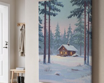 May include: A canvas print depicting a winter forest scene. A small wooden cabin with lit windows and a smoking chimney sits in a snowy clearing, surrounded by tall pine trees. The artwork has a soft, muted color palette.