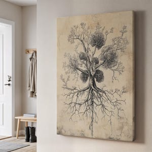 Könnte beinhalten: Leinwandbild mit einer detaillierten Schwarz-Weiß-Illustration eines Baumes mit freiliegenden Wurzeln. Das Kunstwerk hat eine Vintage-Ästhetik mit einem sepiafarbenen Hintergrund und verleiht jedem Raum einen Hauch von naturnaher Dekoration.