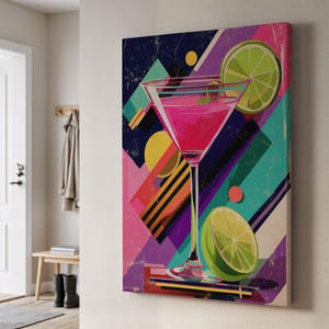 Lienzo decorativo de copa de cóctel, impresión de bebida retro pop en tonos lima y rosa, decoración vibrante para bar, cocina o salón, ideal como regalo para fiestas.
