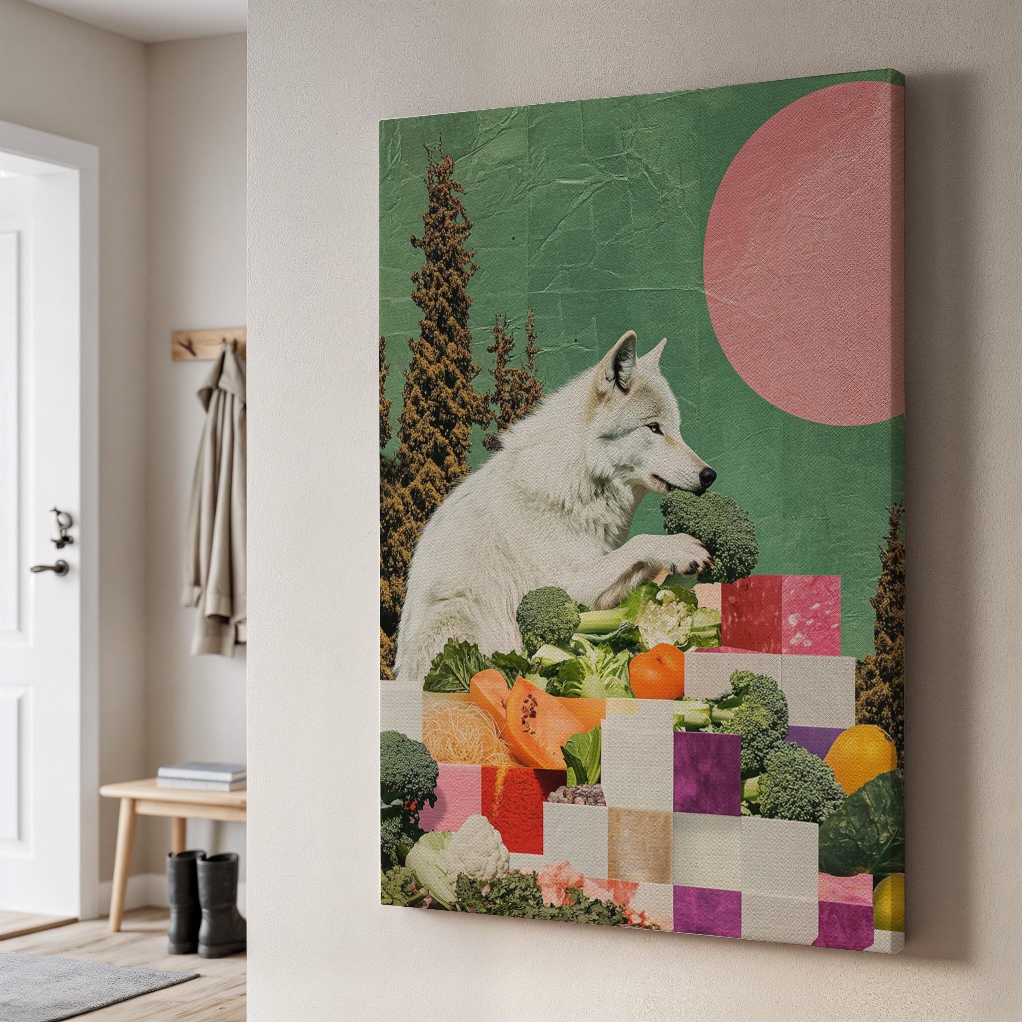 Wolf Collage Canvas Wall Art, Surreal Forest Animal With