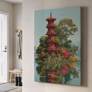 Oriental Pagoda Lake Canvas Wall Art, Tranquil Asian Temple Nature Print, Botanical Reflection Scene, Framed Zen Landscape Gift Decor
