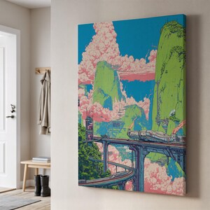 Könnte beinhalten: Ein lebendiger Leinwanddruck, der eine futuristische Landschaft darstellt. Das Kunstwerk zeigt grüne Berge, rosa Wolken und einen blauen Himmel. Eine Brücke mit einem futuristischen Fahrzeug überspannt die Szene, mit einer kurvenreichen Straße darunter.