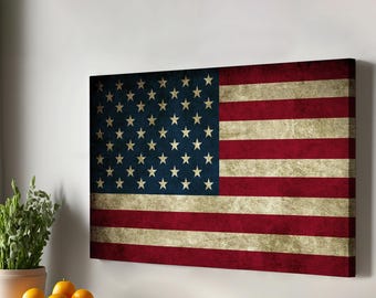 Lienzo con la bandera rústica de EE. UU., arte mural patriótico moderno.