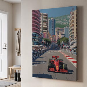 F1モナコグランプリのキャンバスアート、モンテカルロの路上を走るレースカー、鮮やかなF1モータースポーツアートワーク、象徴的なレースイベントの装飾