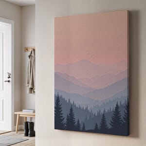 Forest Mountain Sunset Canvas Art, Minimal Nature Landscape Print, Calm Woodland Wall Decor, Neutral Framed Art, Cozy Home Gift Idea