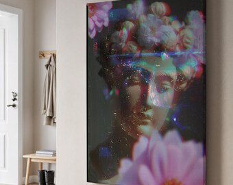 Floral Glitch Art Print, Vaporwave Greek Statue Canvas