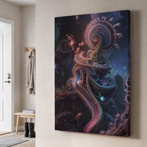 Op de afbeelding: Een canvas print met een surrealistisch, fractaalachtig landschap. Het kunstwerk toont een kronkelend, roze verlicht pad dat omhoog gaat door een complexe, organische structuur. Het kleurenpalet omvat tinten paars, oranje en blauw, waardoor een kosmische scène ontstaat.
