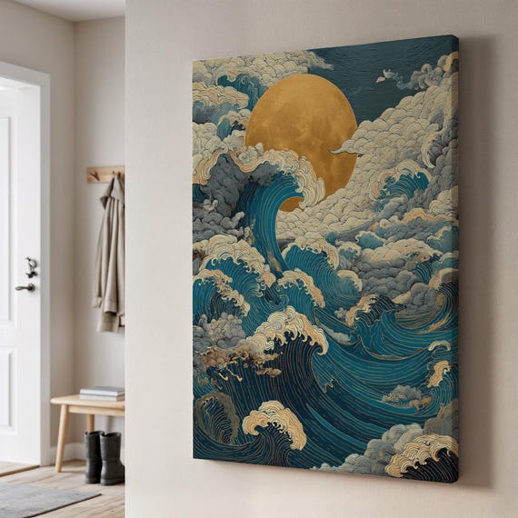 Japanese Wave Canvas Wall Art, Golden Sun and Ocean Waves