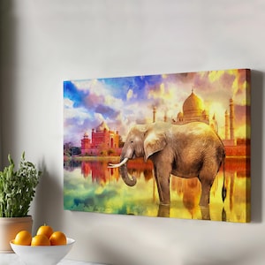Elephant And Taj Mahal Landscape Oil Painting Look Decorative Canvas Wall Art, Housewarming Gifts, Large Wall Art, Animal Modern Wall Art