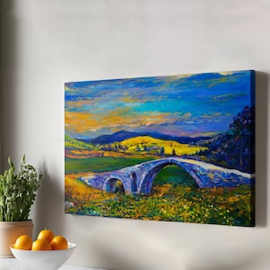Village Stone Bridge Sunset Landscape Wall Painting, Nature Canvas Decor, Landscape Wall Canvas Table, Nature Canvas Wall Decor