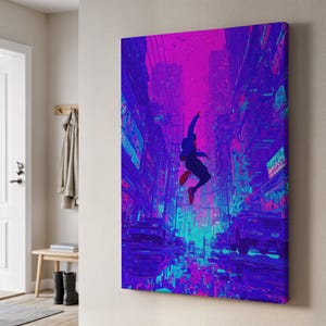 Neon Cityscape Canvas Art, Futuristic Urban Street Scene with Figure in Motion, Vibrant Cyberpunk Artwork, Digital Art for Modern Spaces