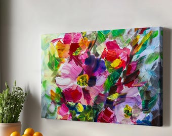 May include: Abstract painting of a bouquet of pink, purple, red, and yellow flowers with green leaves on a white background.