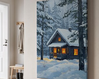 May include: A canvas print depicts a cozy cabin nestled in a snowy forest. The cabin has a snow-covered roof and warm, inviting light emanating from the windows. Tall, snow-laden trees surround the cabin, creating a serene winter scene.