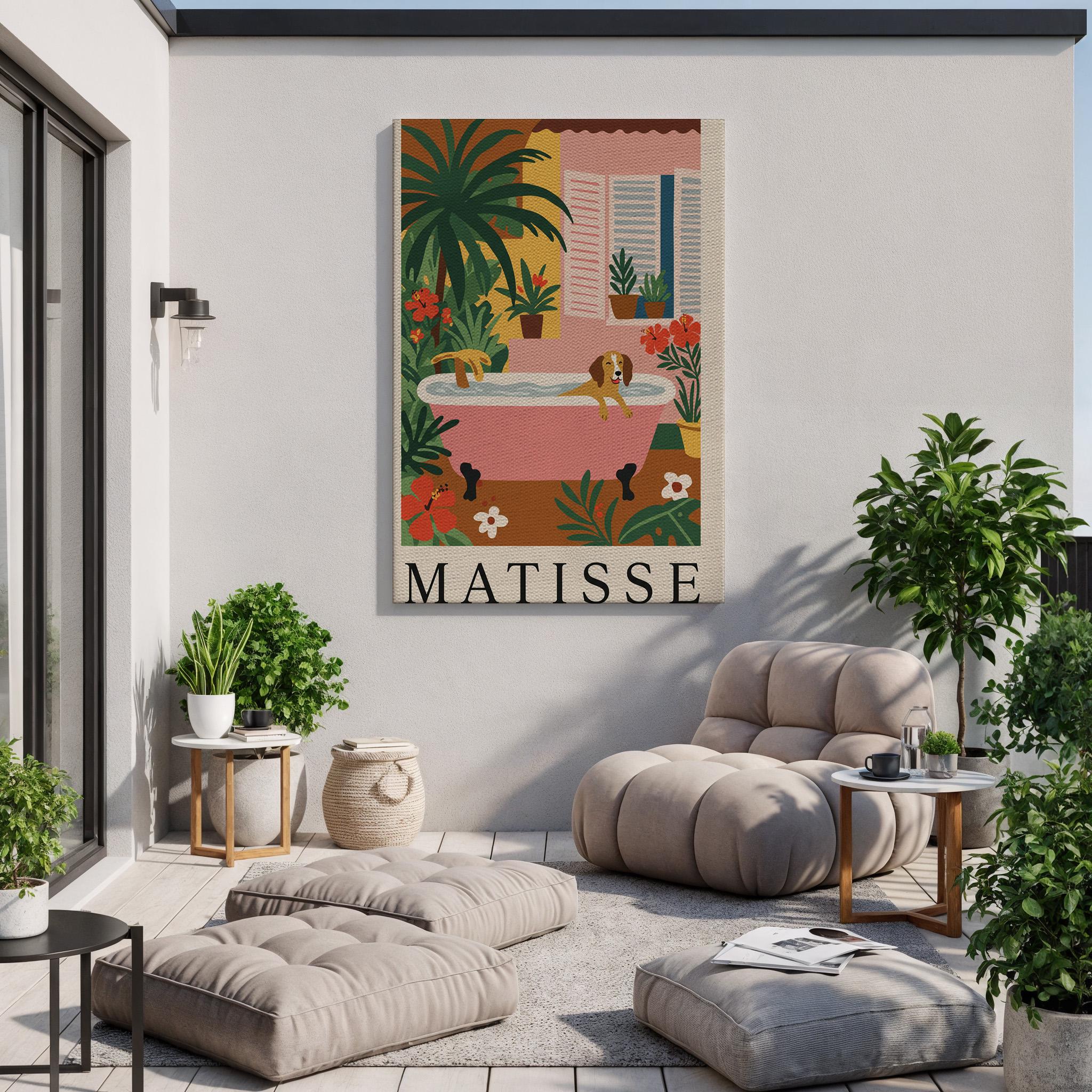 Matisse Style Bathroom Art - Whimsical Dog Bathtub Poster Vintage Aesthetic Print 08x12in